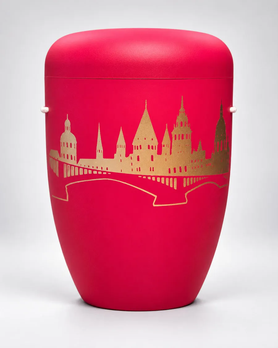 Urne: Mainzer Skyline in Rot mit Golddruck